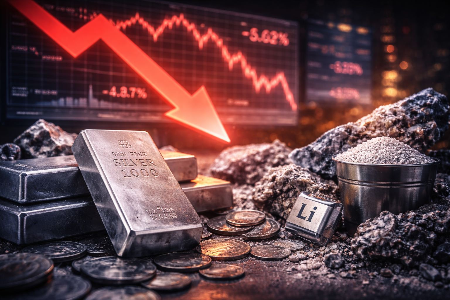 Photorealistic close-up of stacked silver bars and scattered coins beside dark mineral rocks and a container of pale ore, with a blurred declining market chart in the background.