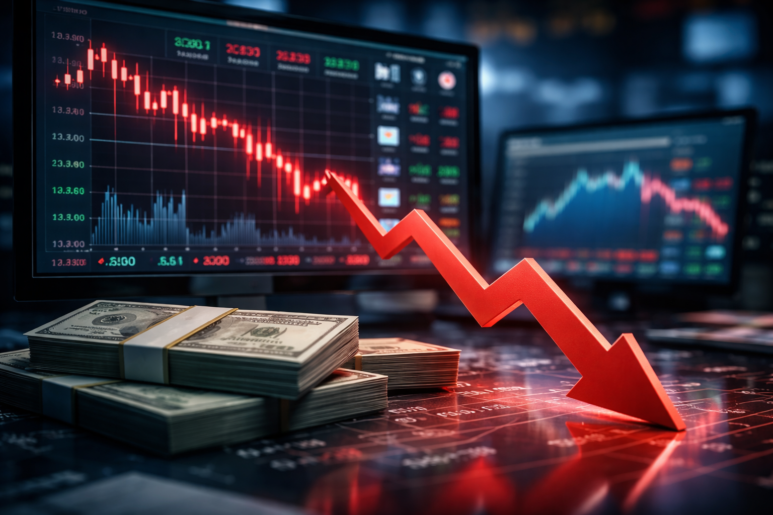 Photorealistic scene of a red downward zigzag arrow in front of falling stock charts on trading monitors, with stacks of U.S. dollar bills on a desk.