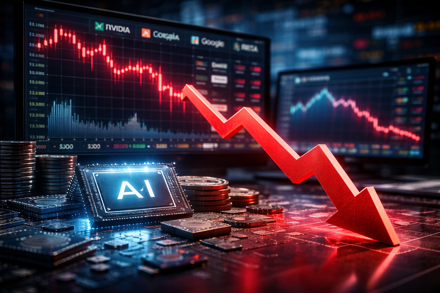 Photorealistic trading-desk scene with a red downward zigzag arrow in the foreground, semiconductor chips and hardware on the table, and market screens behind showing falling tech-stock charts.
