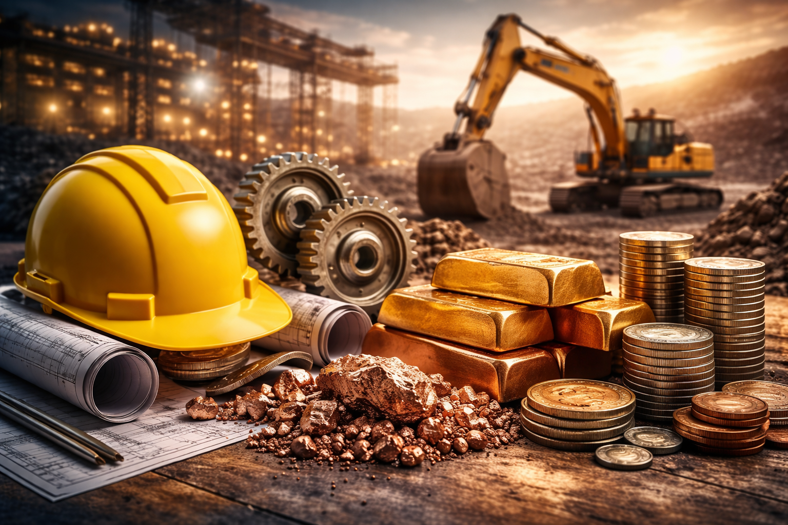 Photorealistic industrial-investing scene with a yellow hard hat, rolled blueprints, metal gears, stacked gold bars and coins in the foreground, and a large excavator working in a sunlit open-pit mine in the background.