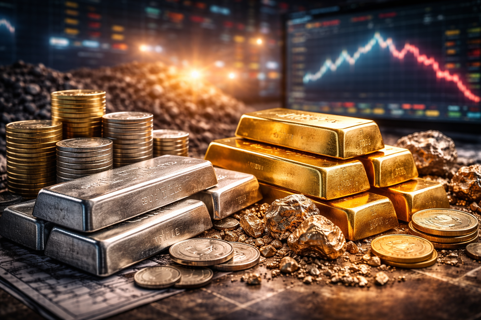 Photorealistic close-up of stacked gold and silver bullion bars and mixed coins with scattered ore on a trading desk, with blurred market screens in the background showing volatile price movements.
