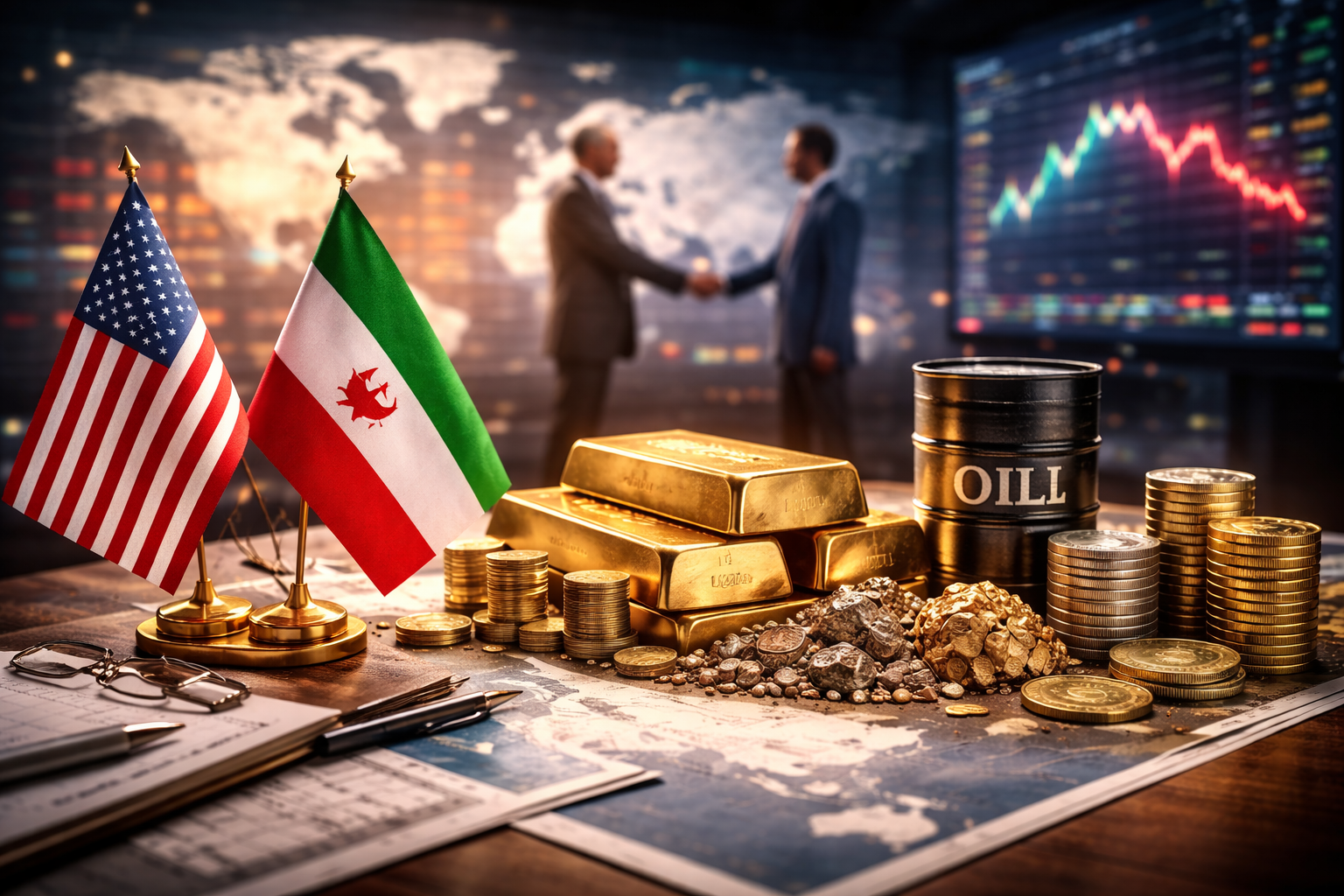Photorealistic scene of a negotiation table with U.S. and Iranian flags, stacked gold bars and coins, an oil barrel, and a blurred handshake between two suited diplomats in front of a world map and market-chart screens.
