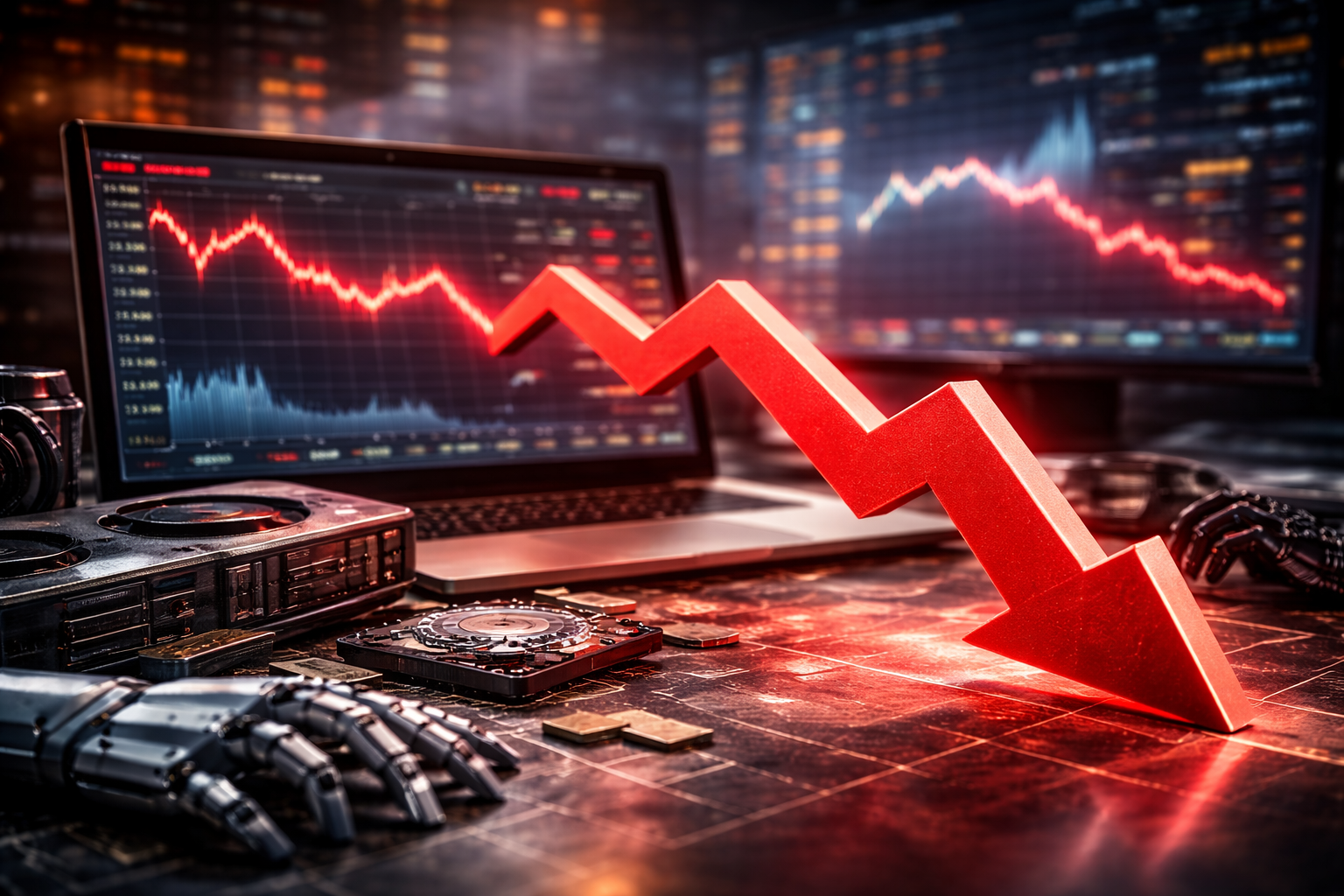 Photorealistic desk scene with a large red downward zigzag arrow in the foreground, a laptop and monitor behind showing falling market charts, and scattered tech hardware components on the table.