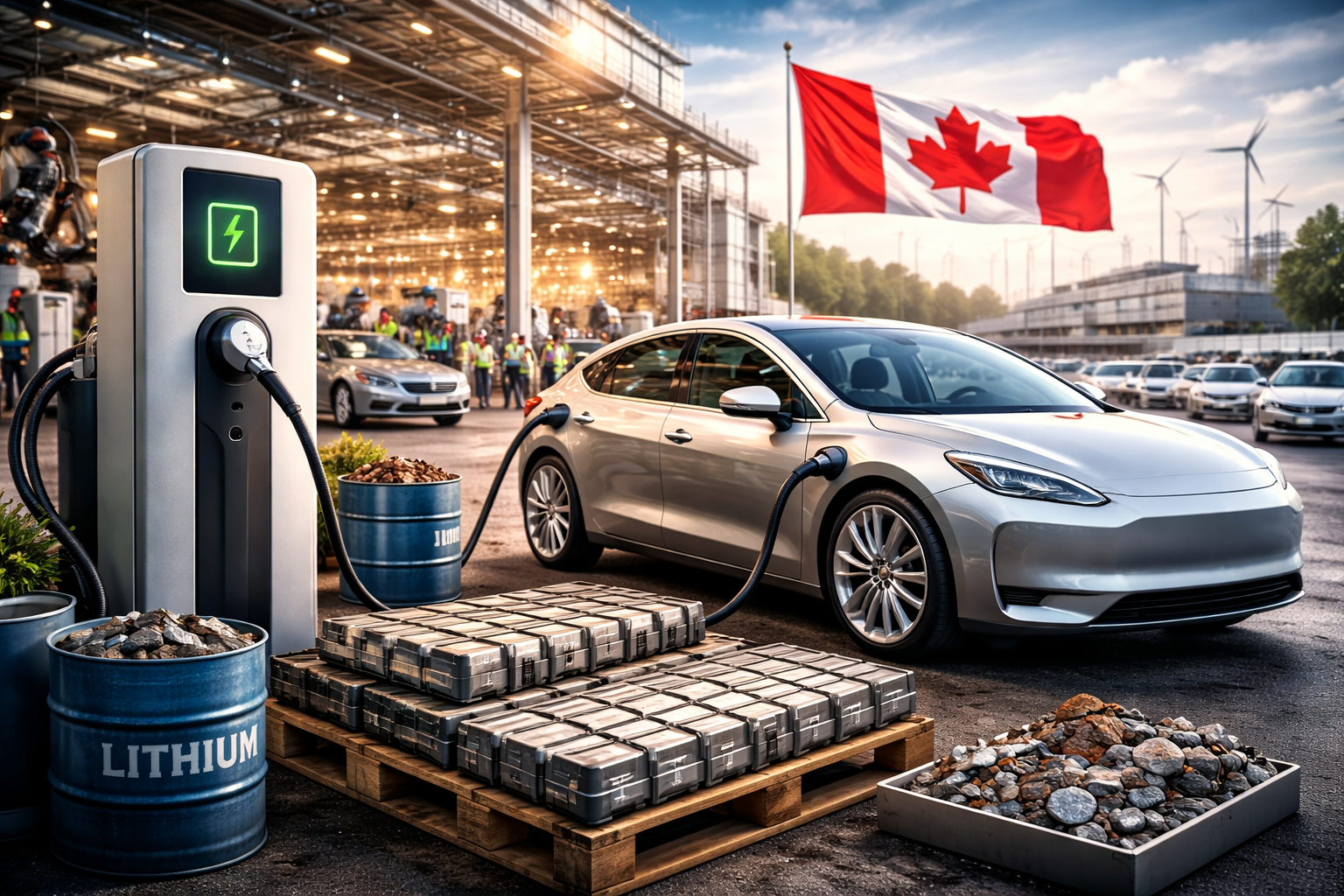 Photorealistic scene of a silver electric car plugged into a charging station outside a large automotive factory, with stacked battery packs and mineral containers in the foreground and a Canadian flag flying in the background.