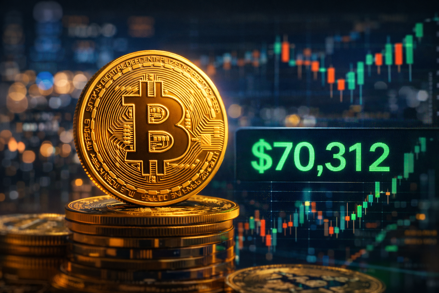 Close-up of a gold Bitcoin coin on stacked coins with blurred candlestick charts in the background, conveying sharp market swings and a rebound.