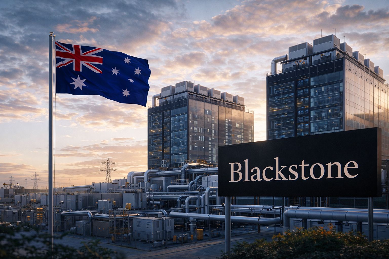 Large modern data center complex at sunset with prominent Australian flag and visible Blackstone signage in the foreground, emphasizing AI infrastructure investment.