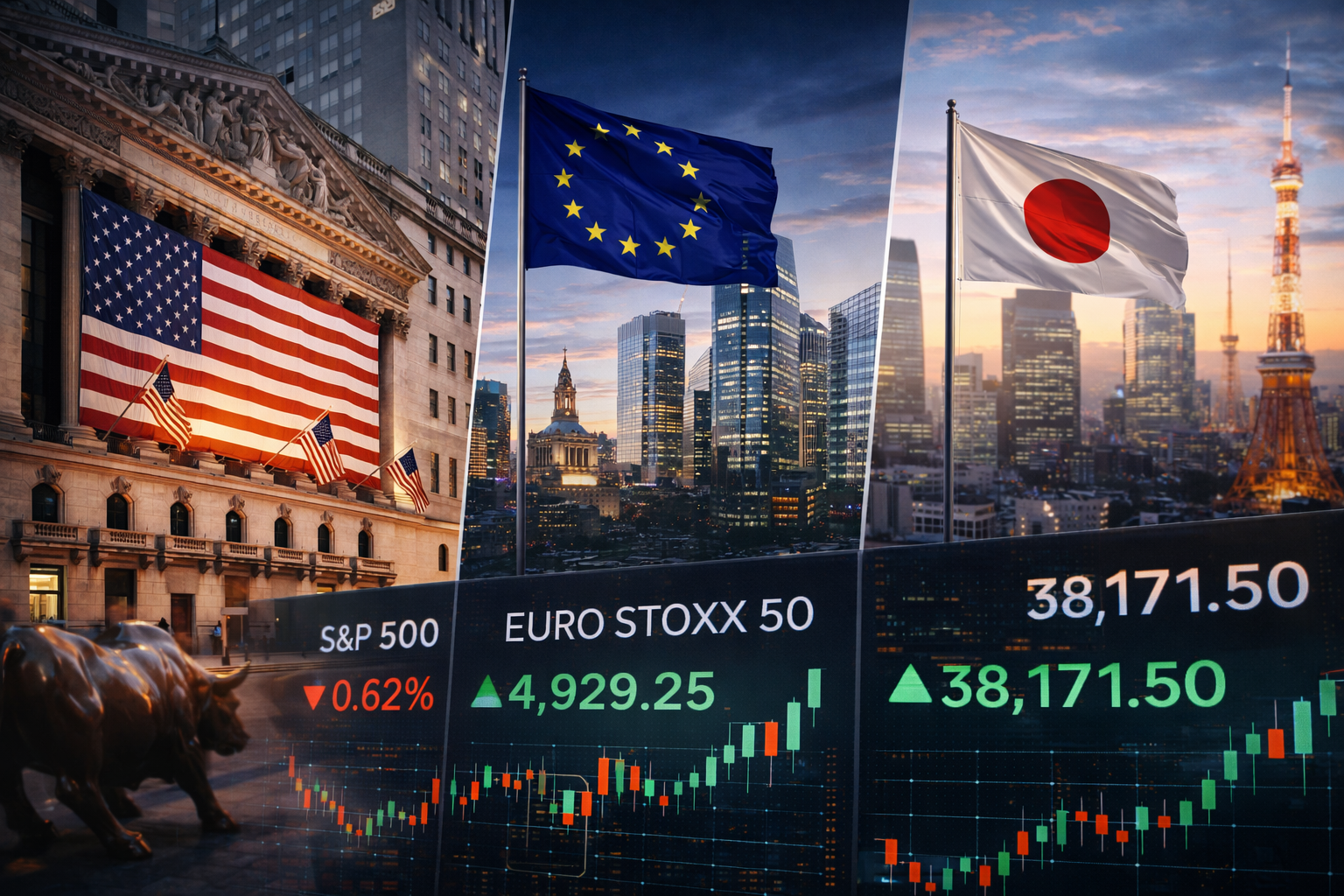 Composite scene showing Wall Street and the U.S. flag, a European skyline with the EU flag, and Tokyo with the Japanese flag, alongside market-style chart visuals to suggest shifting global risk sentiment.