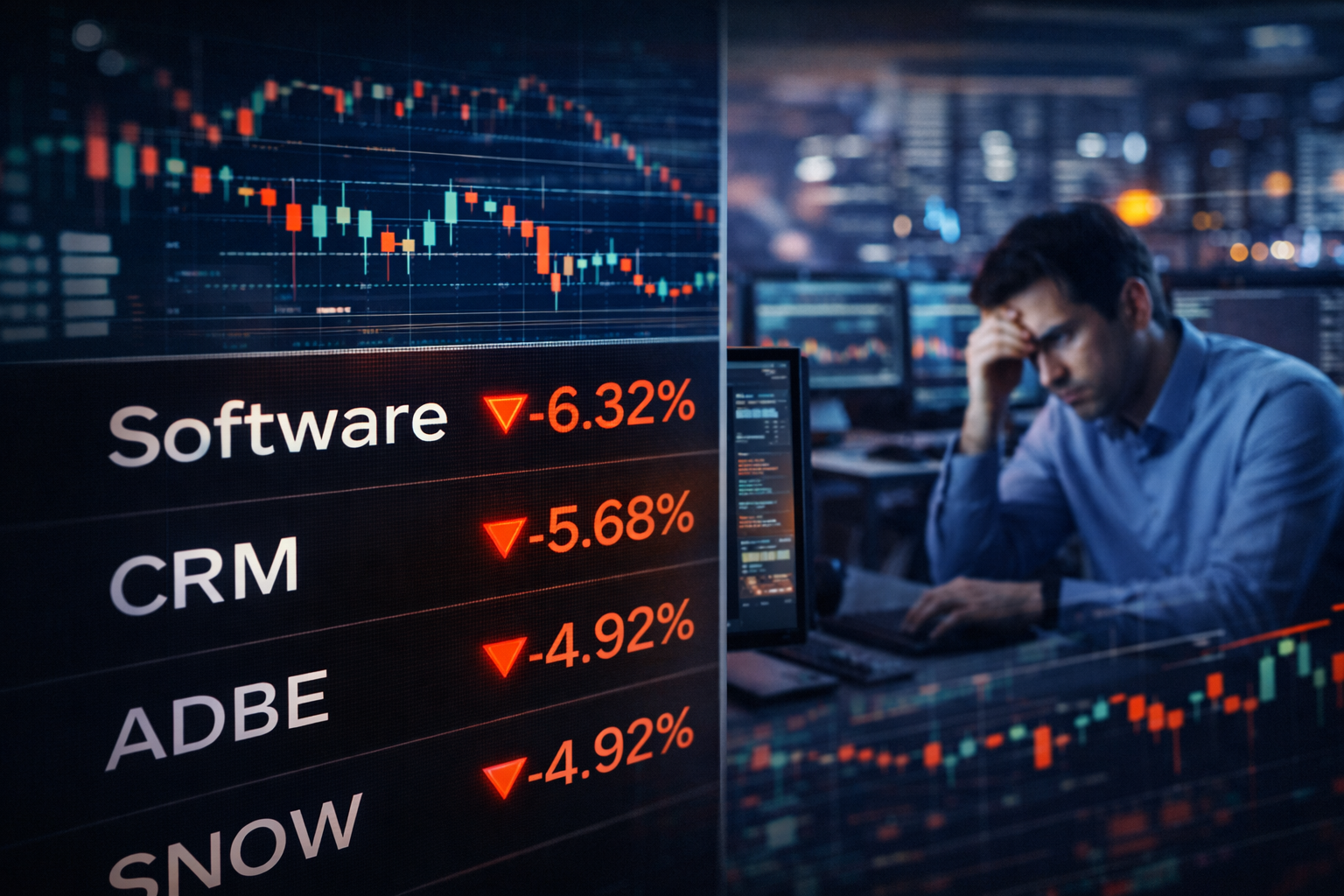 Dimly lit trading office with a stressed analyst at a desk while nearby screens show downward candlestick charts and red market indicators, conveying a sharp drop in software stocks.
