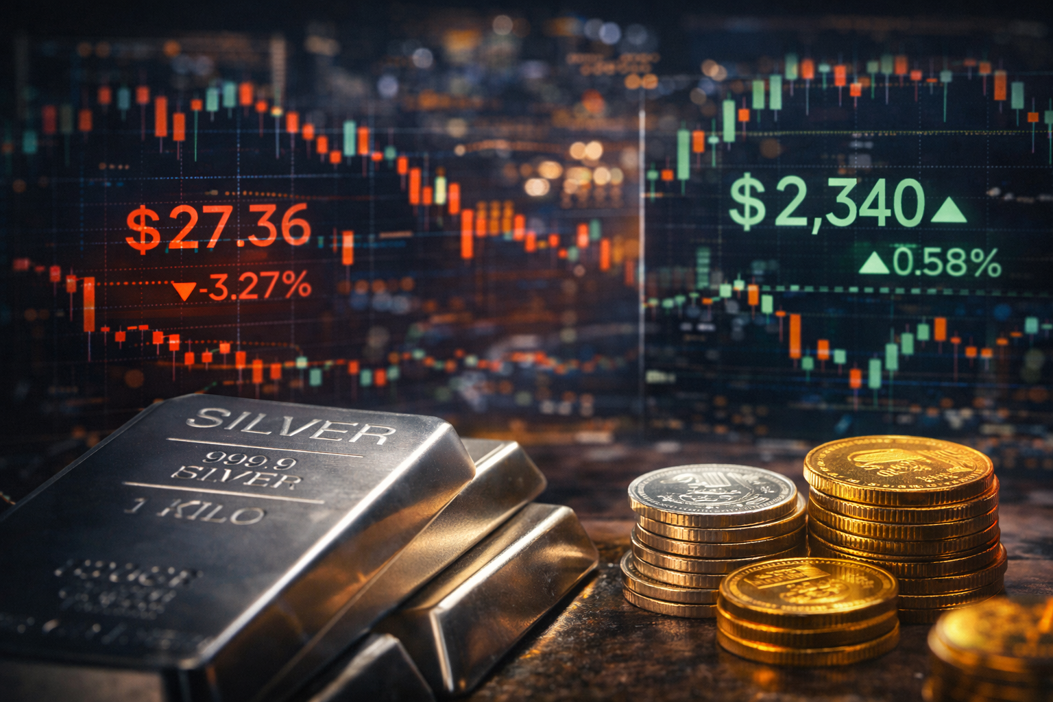 Close-up of stacked silver bars and gold coins on a reflective surface with blurred candlestick charts and city lights in the background, suggesting volatile two-way price moves.