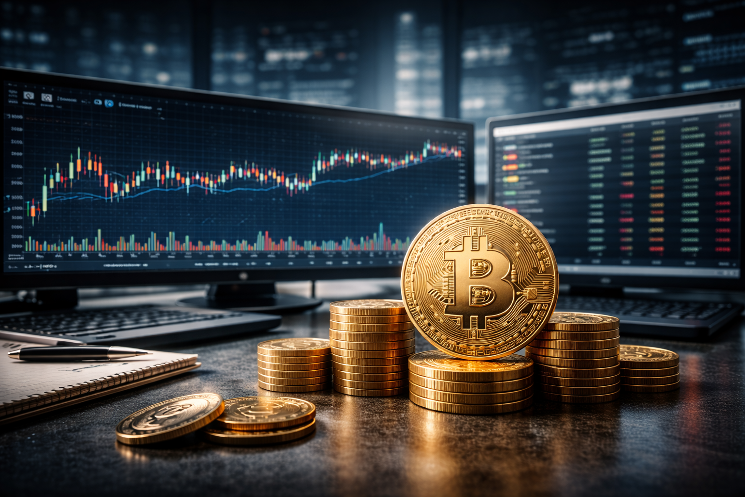 Photorealistic image of stacked Bitcoin coins in front of trading monitors displaying sideways cryptocurrency price charts, symbolizing a period of market consolidation.