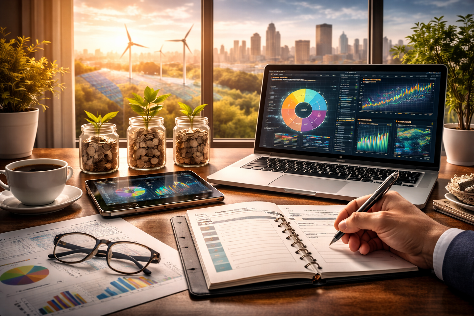Photorealistic image of a modern investor’s workspace with financial charts on digital screens, an open planner, and symbols of long-term growth, representing goal-based investment planning.