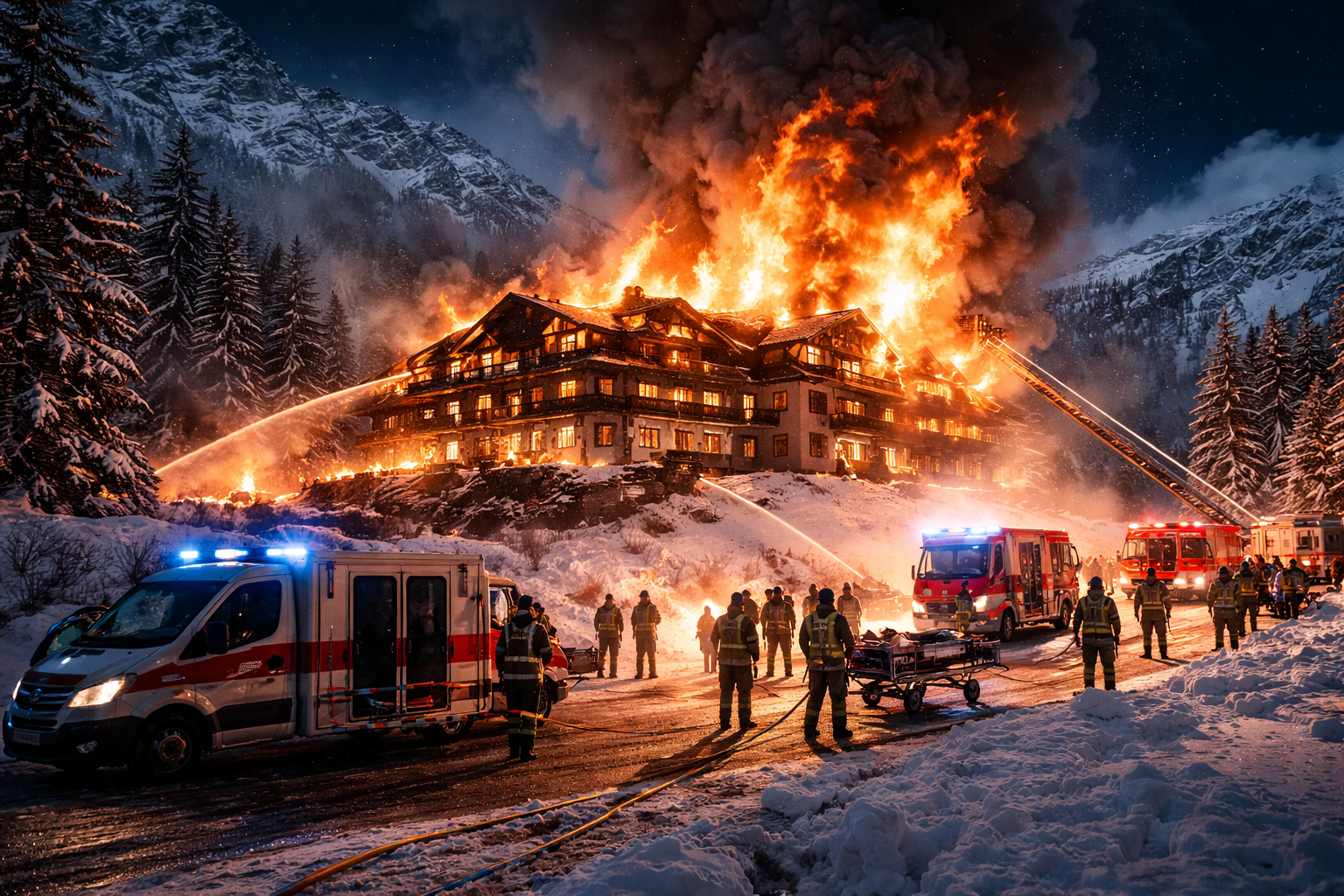 Photorealistic nighttime scene of a large alpine building engulfed in flames amid snowy mountains, with emergency vehicles and responders on site, conveying a major disaster in the Swiss Alps.