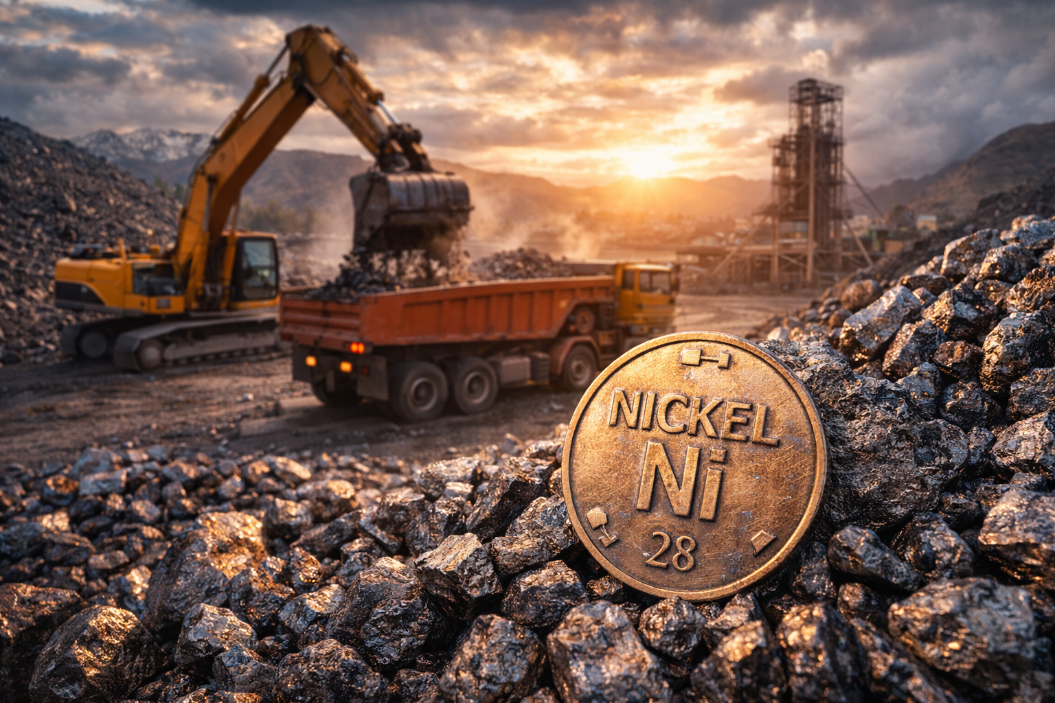 Photorealistic scene of an active nickel mining operation at sunset, with heavy machinery extracting ore from rocky terrain, symbolizing rising nickel prices and increased miner activity.