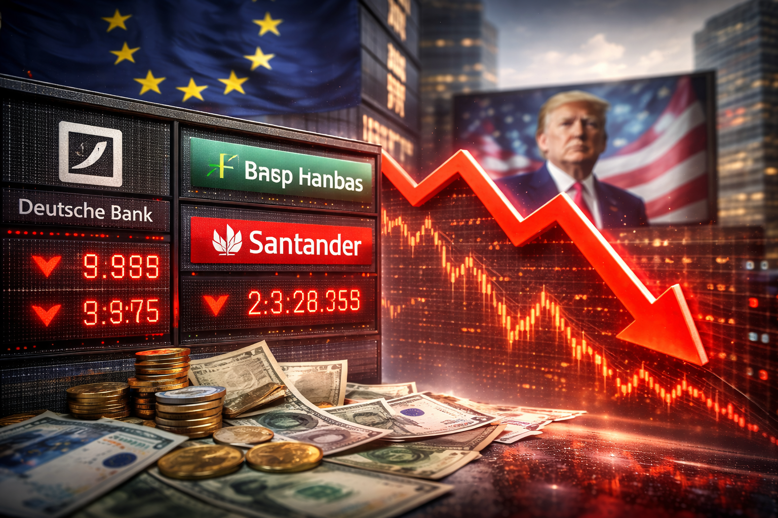 A market display showing European bank tickers and red downward indicators beside euro-themed visuals, with a blurred political figure on a screen in the background and a falling red market line.