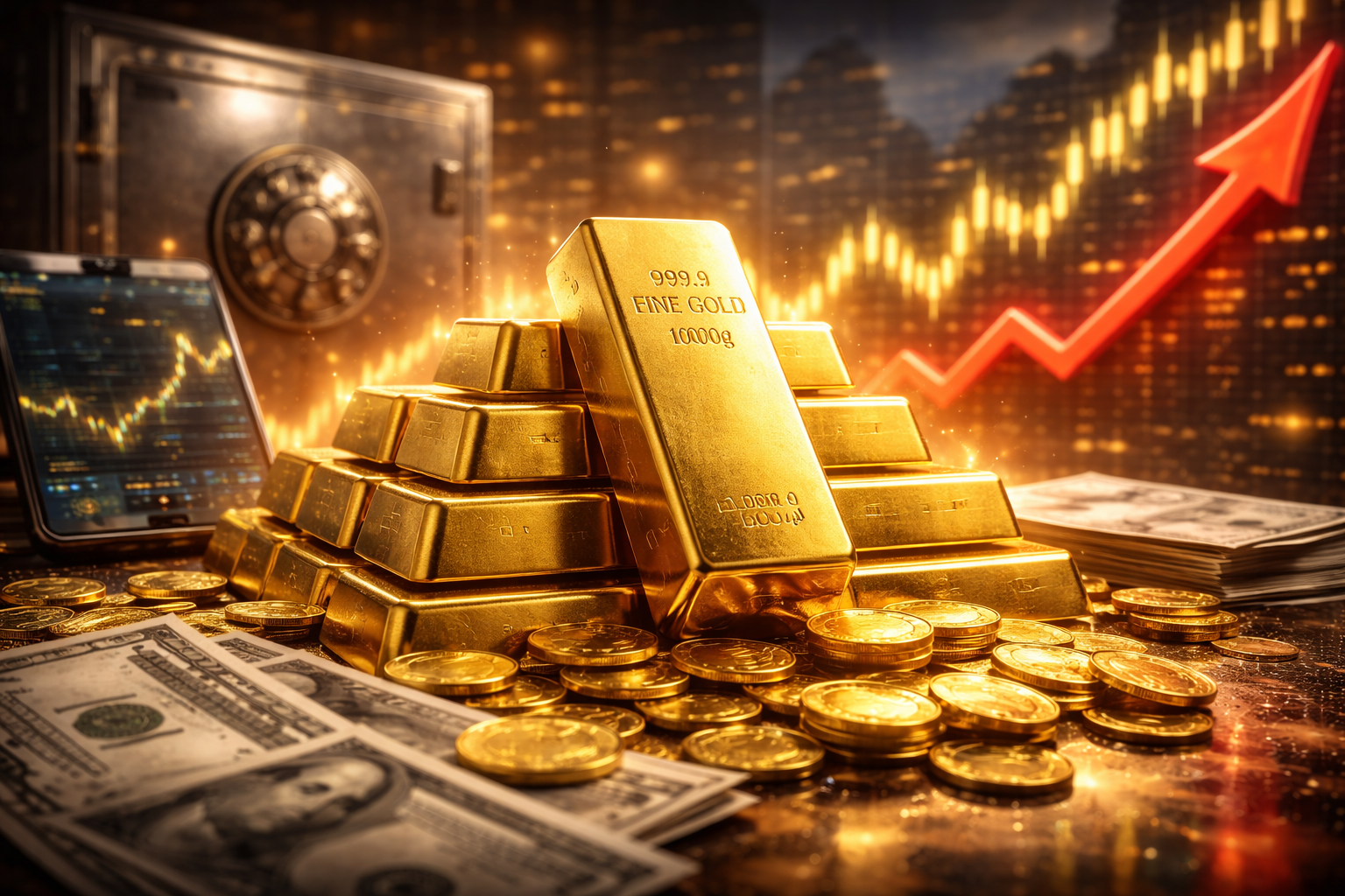 A stack of gold bars and scattered gold coins on a desk beside U.S. dollar bills, with a blurred rising market chart and a vault door in the background.