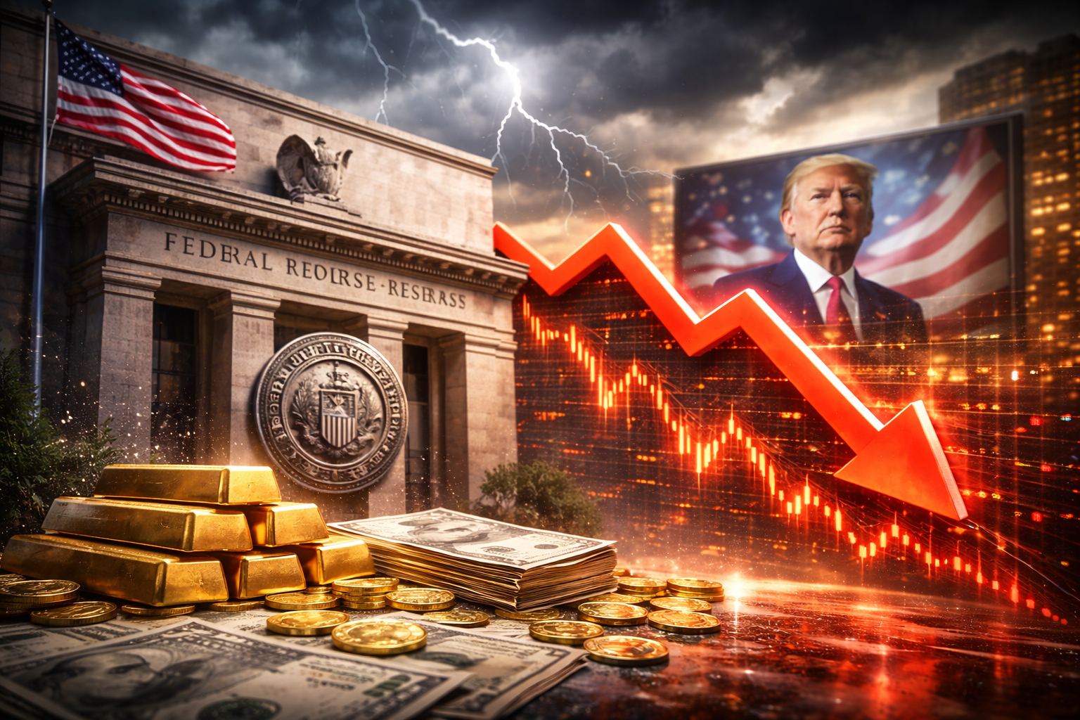 The Federal Reserve building under a stormy sky with lightning, a falling red market chart overlay, gold bars and dollar bills in the foreground, and a blurred political figure on a screen beside a U.S. flag.
