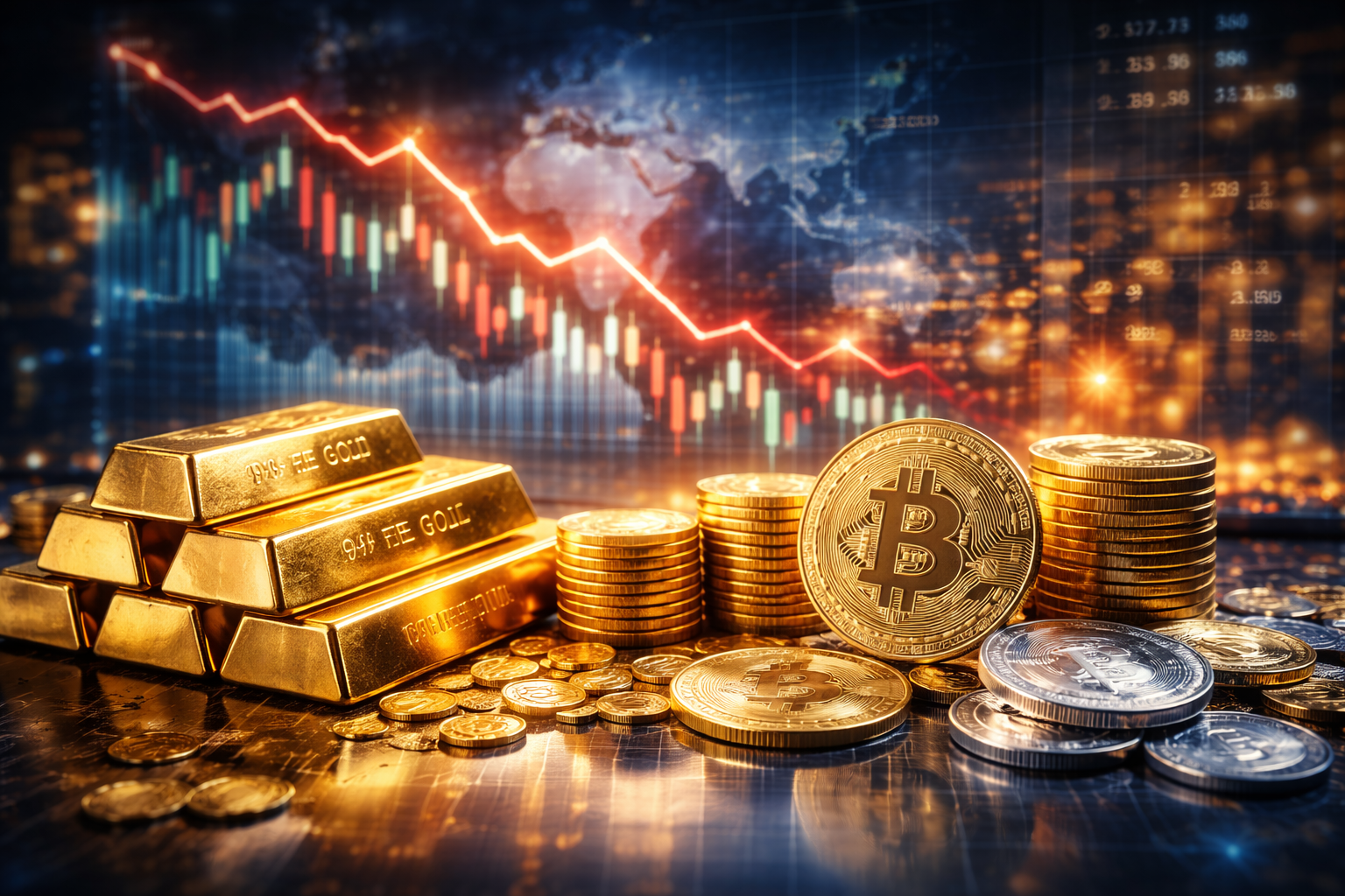 Photorealistic close-up of stacked gold bars and scattered gold coins beside prominent Bitcoin and silver-toned crypto coins, with a global market chart backdrop and a red downward trend line.