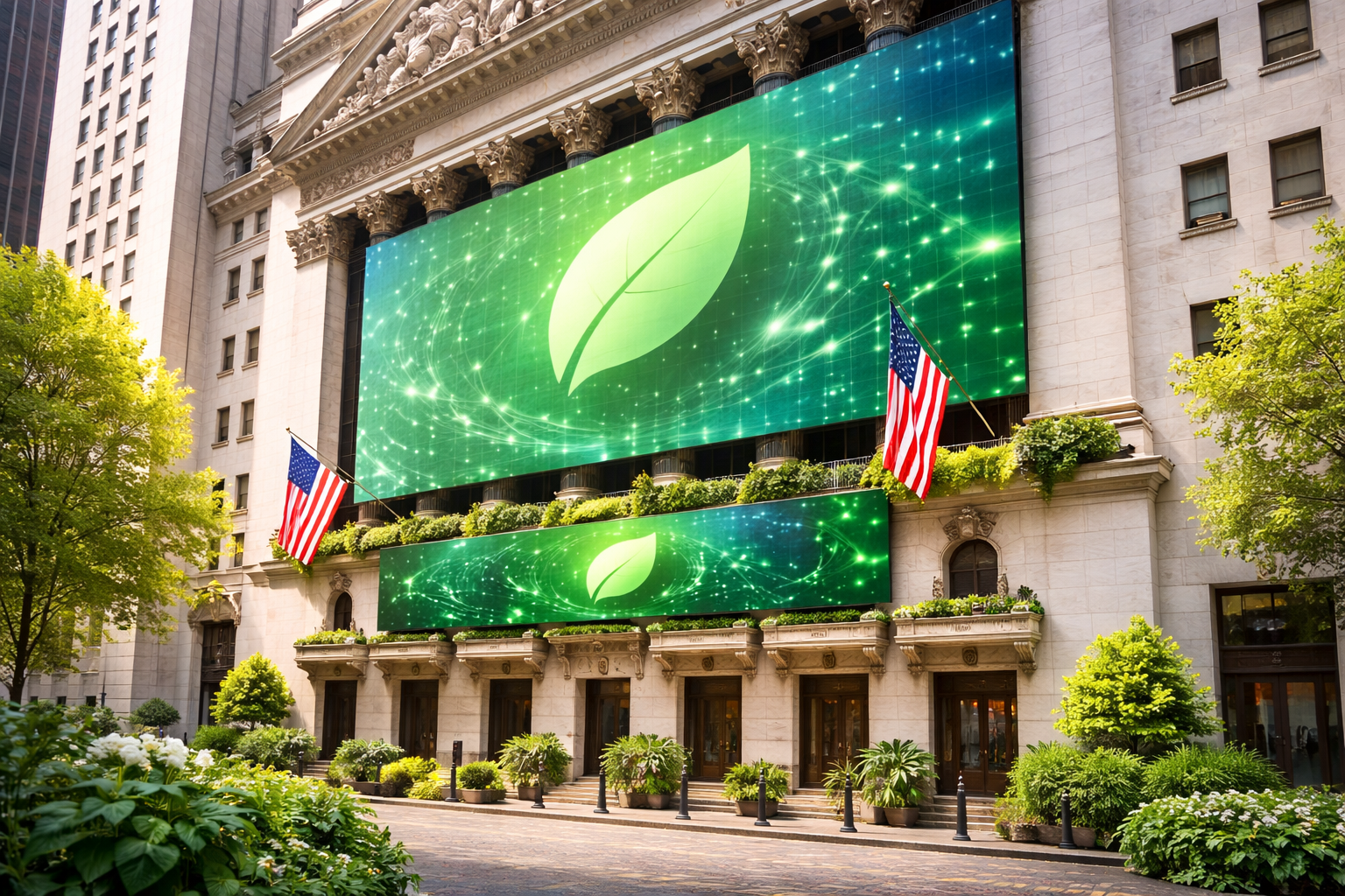Photorealistic wide-angle view of the New York Stock Exchange facade decorated with greenery and U.S. flags, featuring large green-themed digital displays, in bright daylight.