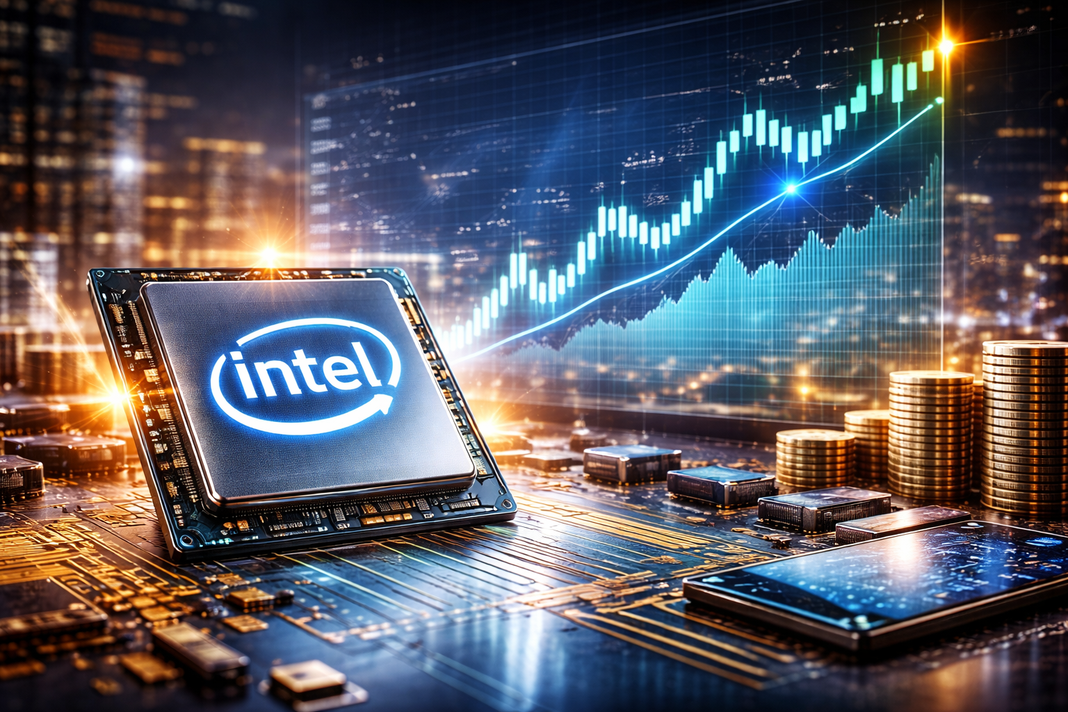 Photorealistic close-up of a computer processor on a motherboard with glowing circuitry, set before an out-of-focus financial display showing an upward-trending chart and stacks of coins.
