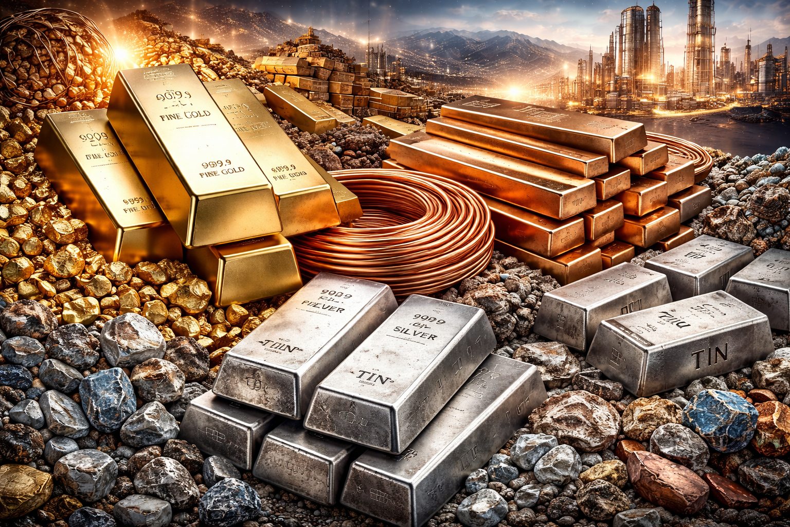 Photorealistic scene of stacked gold bars, coiled copper wire, silver bars, and tin ingots scattered on rocky ore, with an industrial refinery complex in the background under dramatic light.