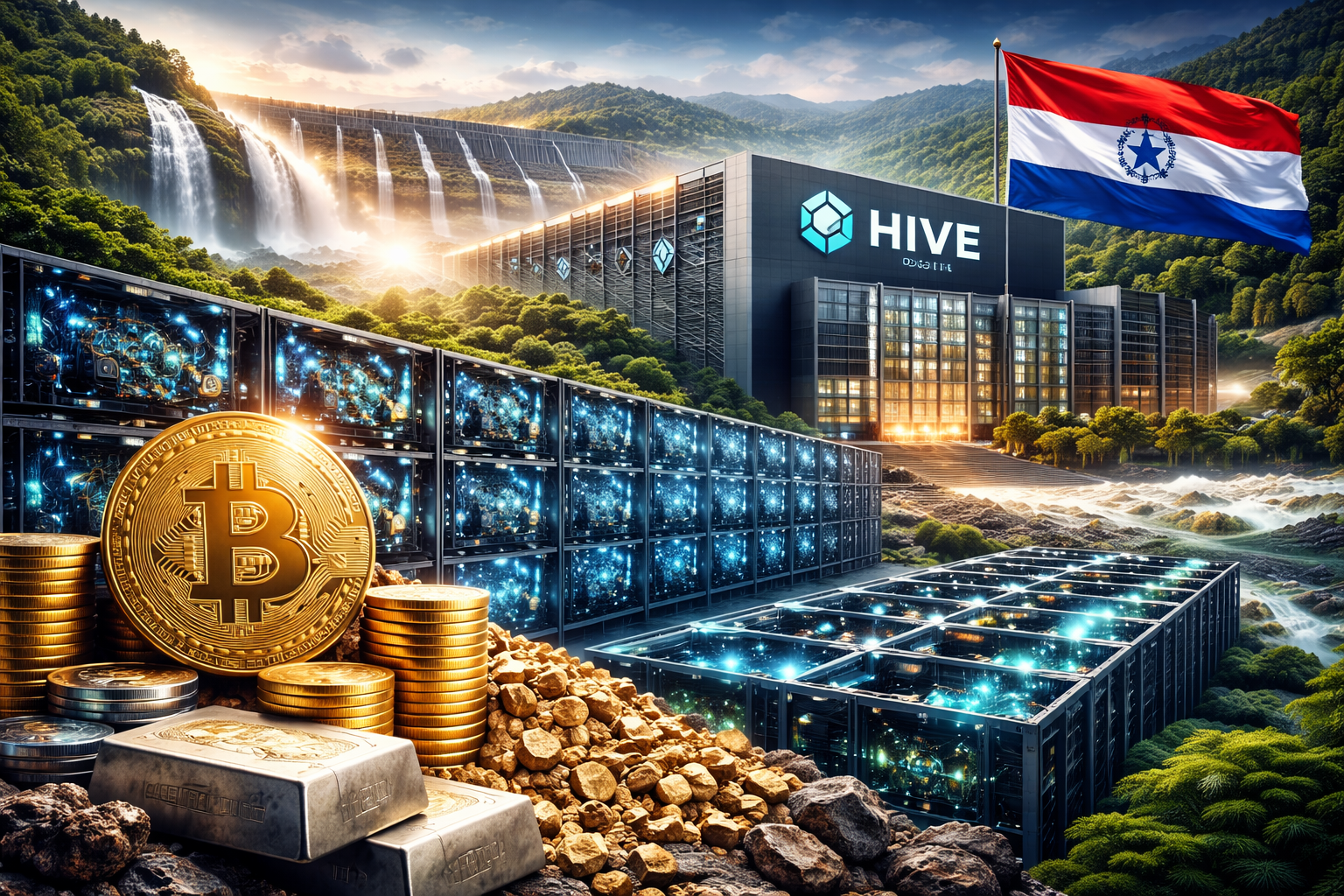 Photorealistic scene of a large crypto mining and data center campus set in lush green hills near a hydroelectric dam, with glowing server racks and stacks of cryptocurrency coins in the foreground—symbolizing low-cost renewable energy and expanded compute capacity.