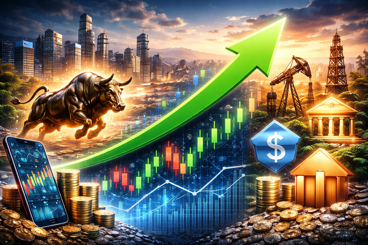 Photorealistic market-themed scene with a charging bronze bull, a rising arrow over candlestick charts, and symbolic elements for key sectors—city skyline, oil pumpjack, bank building, smartphone trading screen, and stacks of coins at sunset.