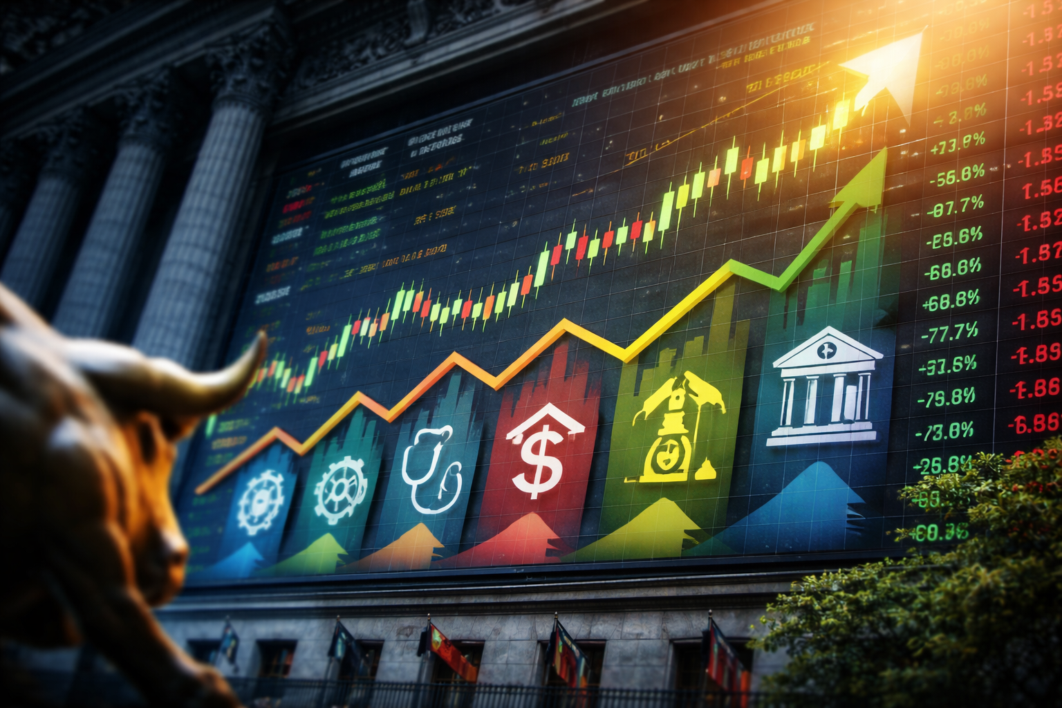 Photorealistic Wall Street-style scene with a rising multi-color market chart and sector-style symbols suggesting gains spreading beyond technology.