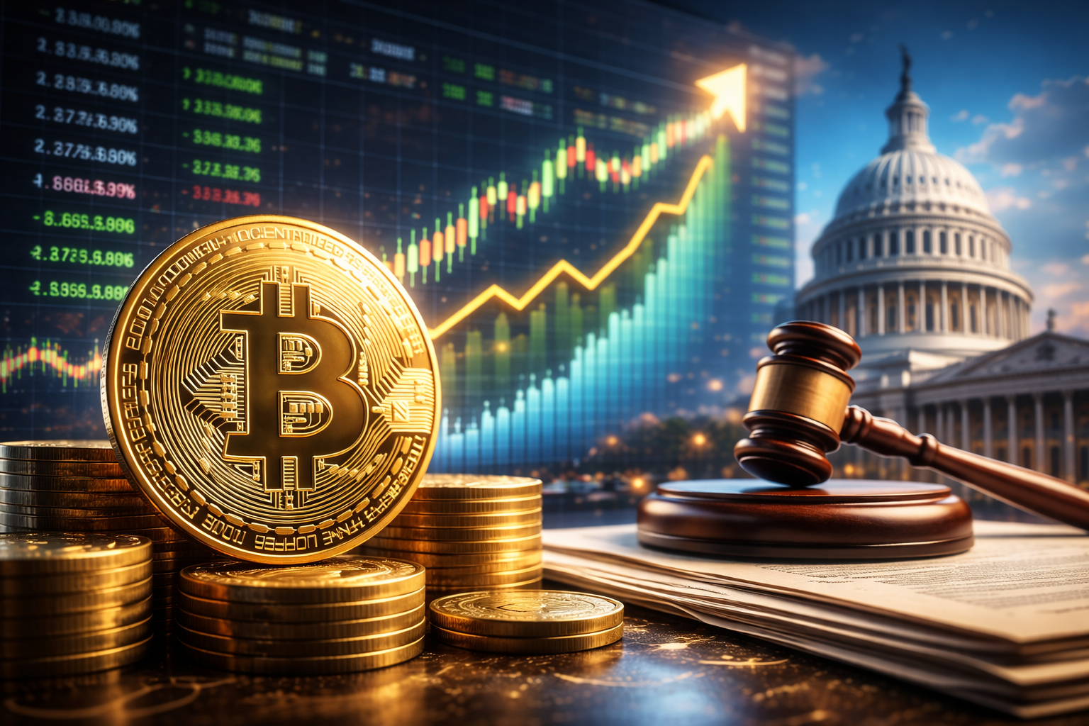 Photorealistic close-up of a gold Bitcoin on stacked coins with an upward market chart in the background, plus a gavel and the U.S. Capitol dome suggesting regulatory scrutiny, with no text.