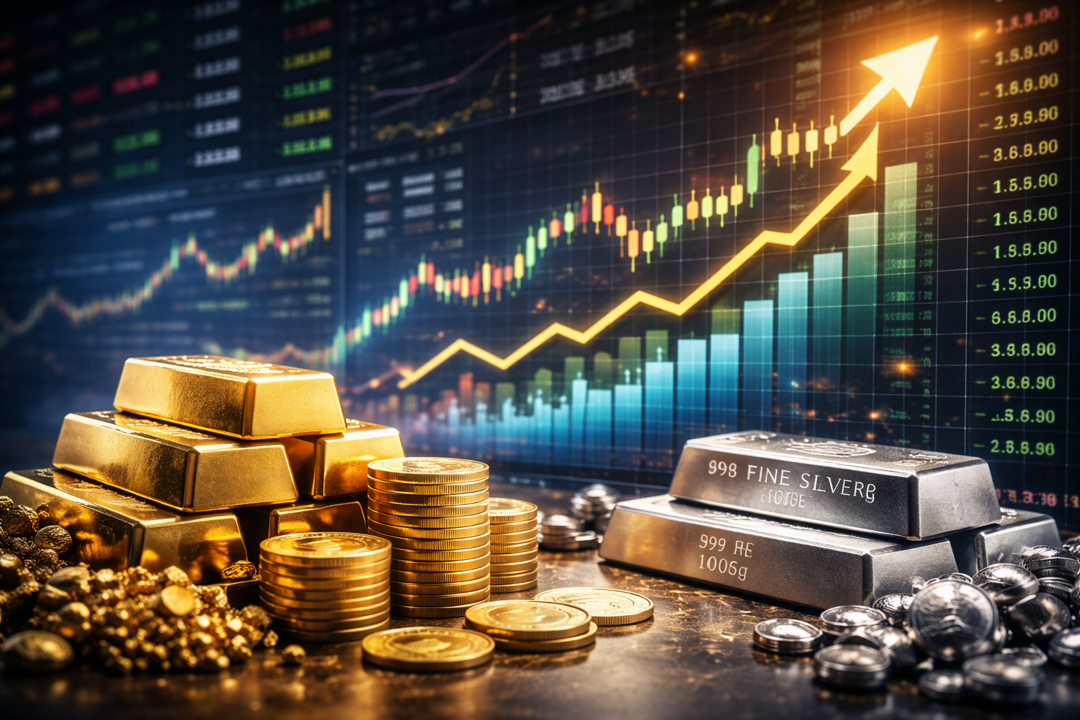 Photorealistic scene of stacked gold bars and gold coins alongside silver bars and scattered silver coins, with an out-of-focus upward-trending market chart in the background and no readable text.
