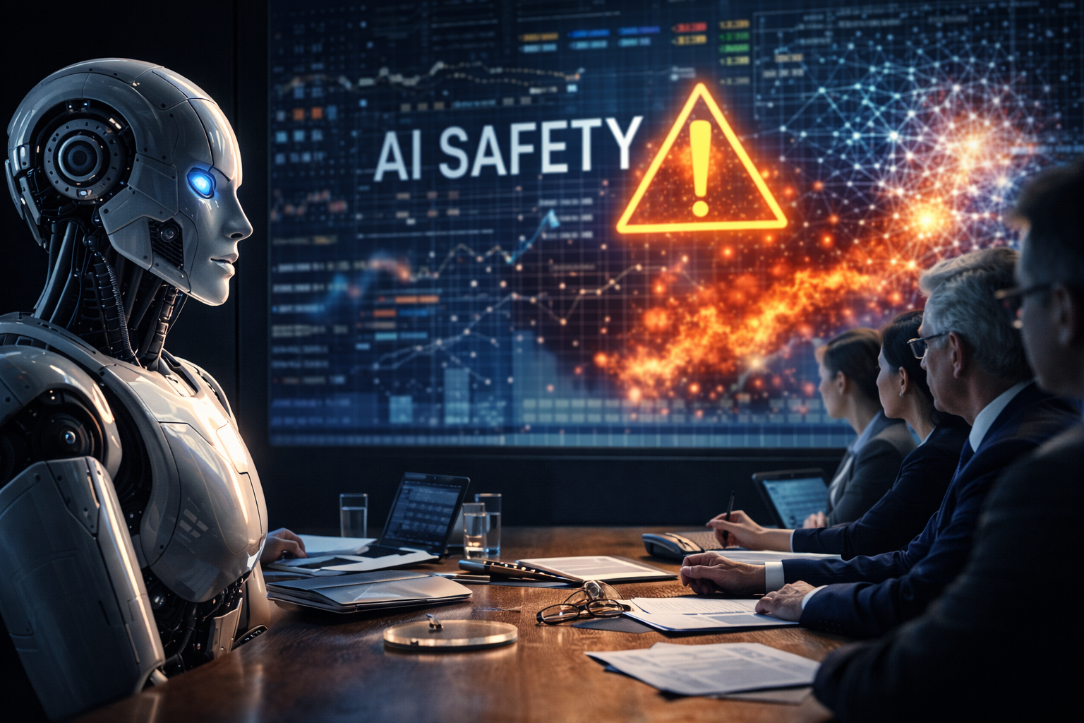 Photorealistic corporate boardroom scene with executives and a humanoid robot facing a large risk-style display featuring a warning symbol and abstract AI network imagery, with no readable text.