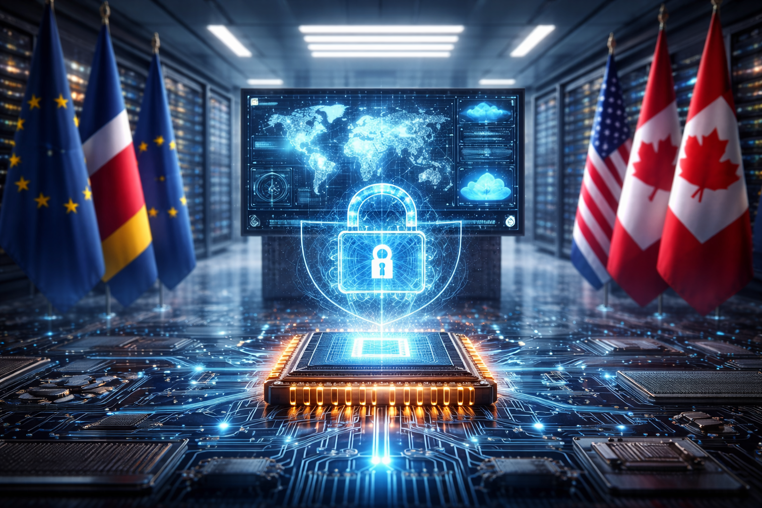 Photorealistic view of a modern secure data center with illuminated server racks, a workstation with a laptop and security key in the foreground, and professionals inspecting equipment, suggesting regulated AI deployment and data sovereignty.