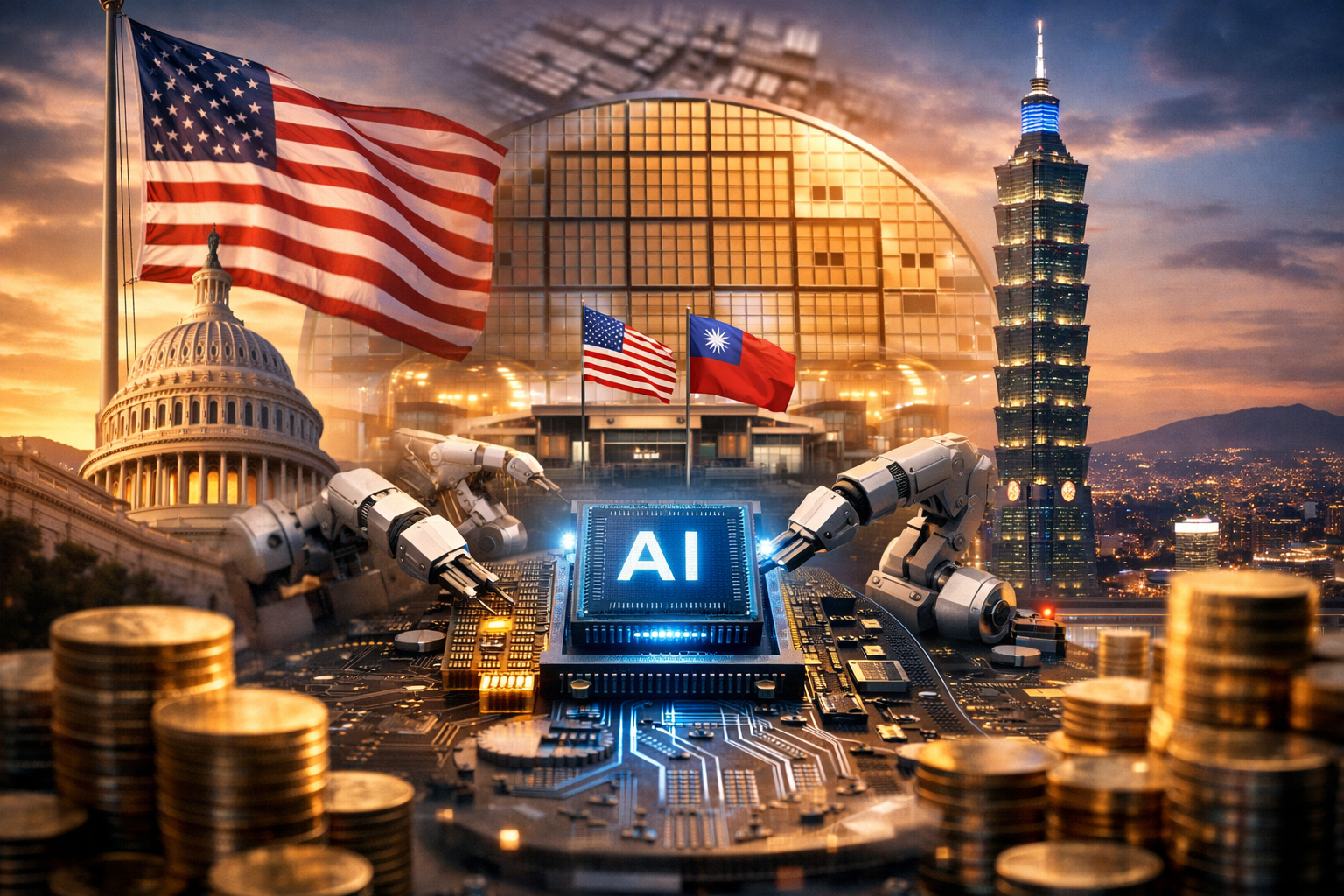 Photorealistic composite showing the U.S. Capitol and Taipei 101 behind a glowing AI microchip on a circuit board, with U.S. and Taiwan flags and robotic arms suggesting semiconductor manufacturing and investment.