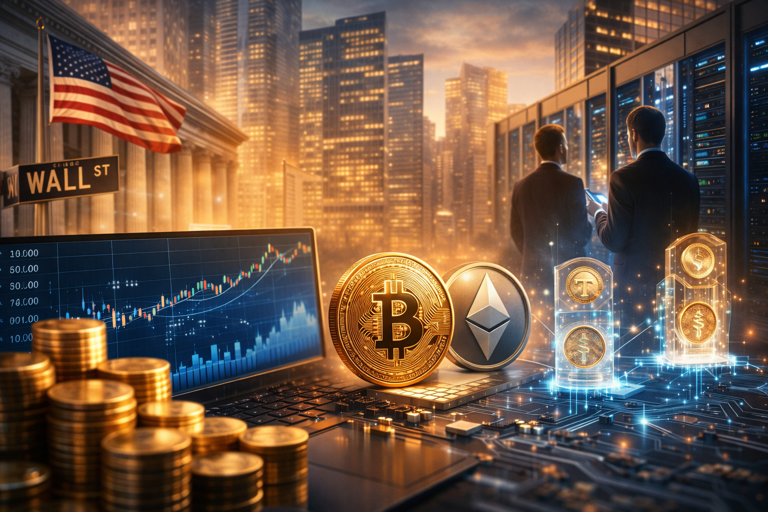 Photorealistic scene of Wall Street-style city towers with a market chart on a laptop, stacks of coins, large crypto coins in the foreground, and suited professionals reviewing a tablet beside glowing, blockchain-like digital asset icons.