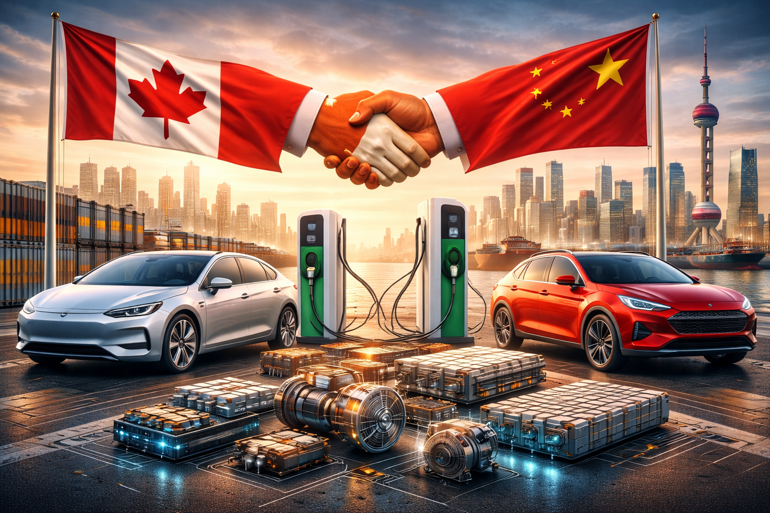 Photorealistic scene of two electric vehicles at a dual charging station with Canada and China flags above a handshake, shipping containers and high-rise skylines in the background, and EV batteries plus advanced tech components arranged in the foreground.