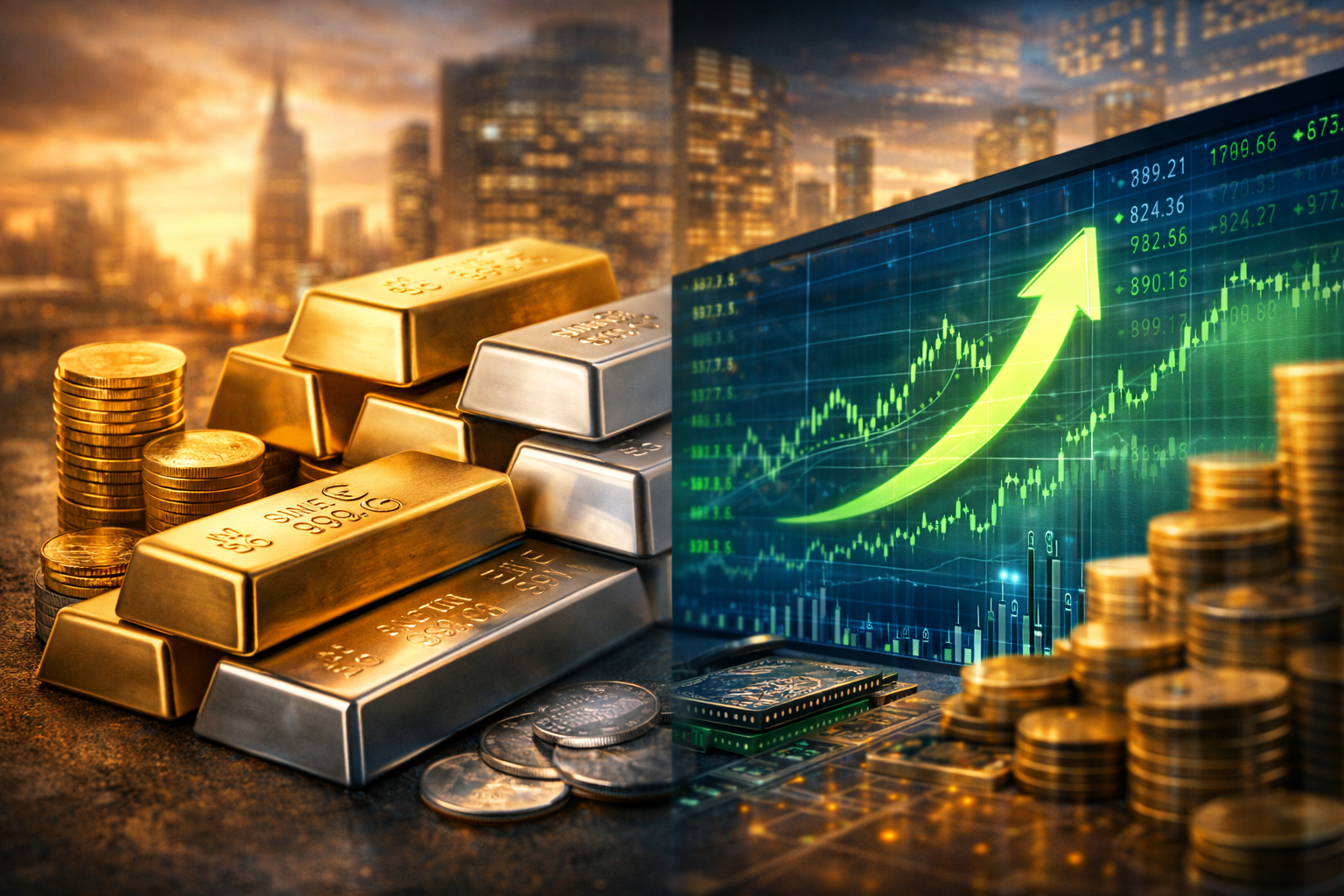 Photorealistic split image with stacked gold and silver bars and coins on one side, and a glowing stock-market style screen with an upward-trending chart and bright arrow on the other, set against a warm city skyline.