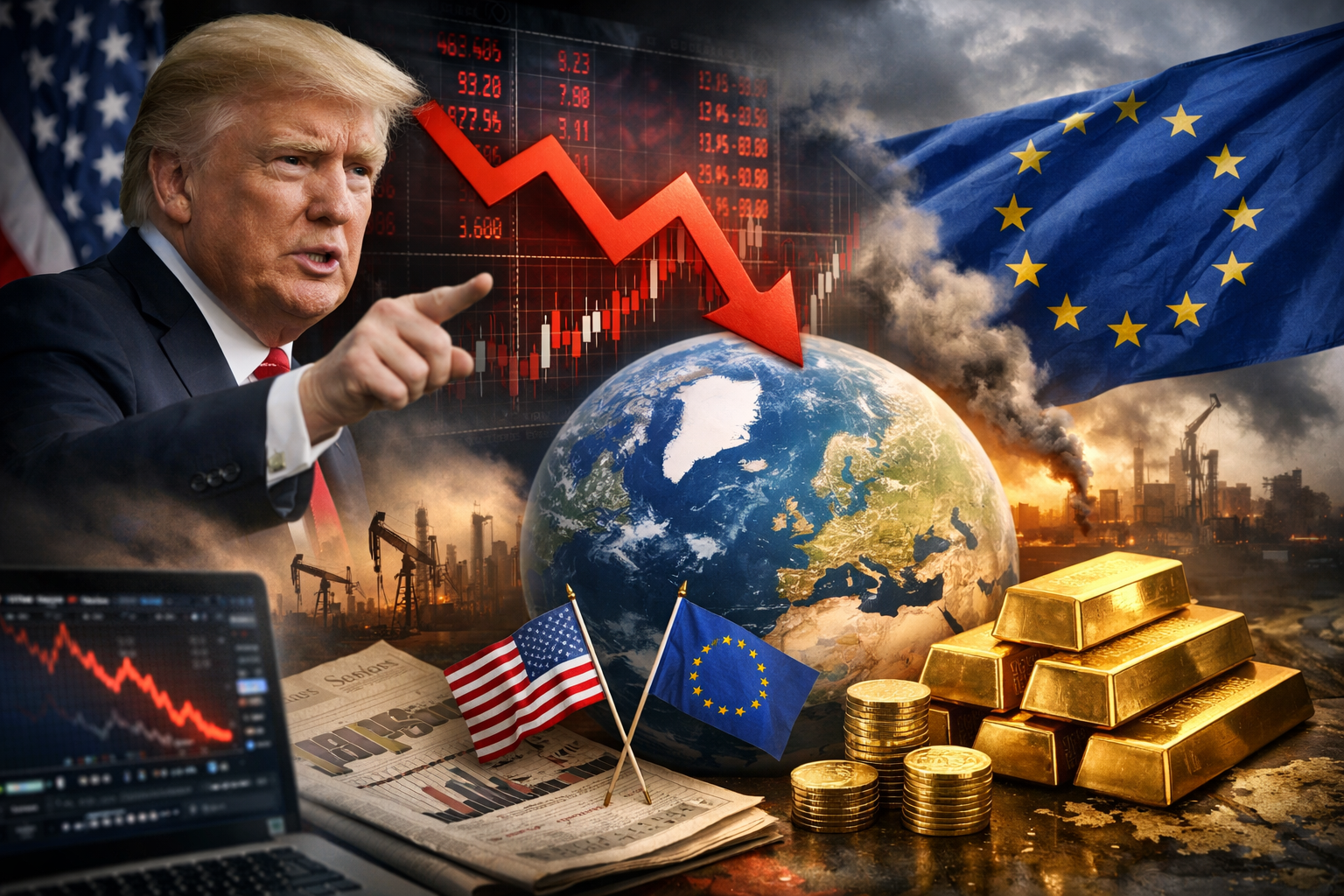 Photorealistic montage showing Donald Trump pointing beside a falling market chart over a globe highlighting Europe and Greenland, with EU and U.S. flags and stacked gold bars representing a flight to safe havens.