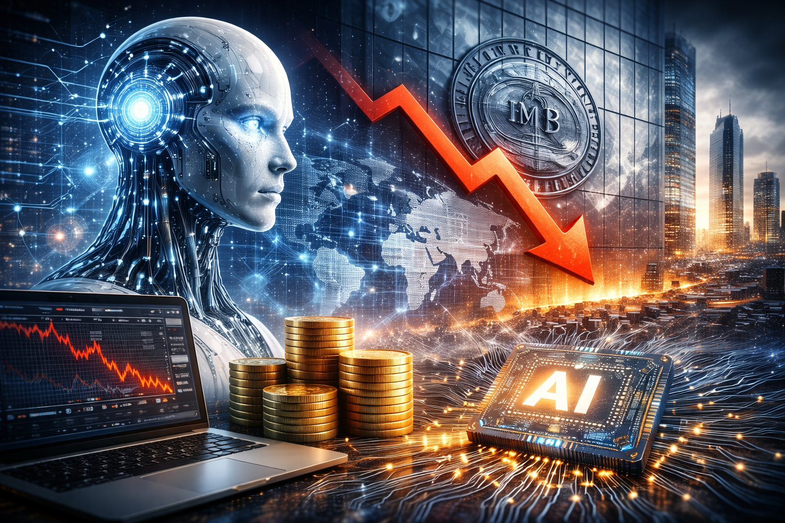 Photorealistic, tech-and-finance themed scene showing a humanoid AI figure beside a downward-trending market graphic, a world map overlay, stacked coins, a glowing semiconductor chip, and a modern city skyline suggesting global economic exposure to AI spending.