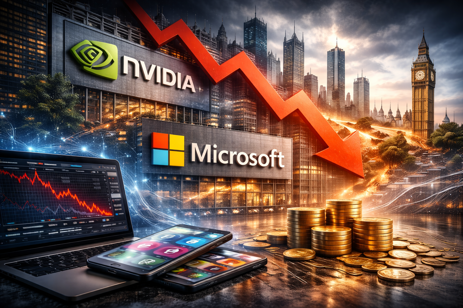 Photorealistic scene of a European financial district skyline under stormy skies with a steep downward market arrow, a laptop showing a falling price chart, and stacks of coins, conveying overseas pressure on major U.S. technology stocks amid tariff-driven risk-off sentiment.