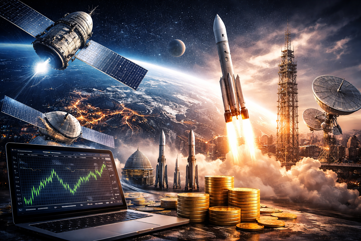 Photorealistic scene of a rocket launching beside orbiting satellites above Earth, with ground-based satellite dishes, stacked coins, and a tablet showing an upward market trend, symbolizing rising investor interest in space technology.