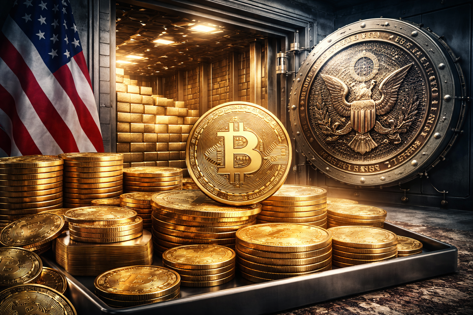 Photorealistic view inside a high-security vault with stacks of gold Bitcoin tokens in the foreground, an open vault door revealing gold bars, and U.S. flag imagery, symbolizing government-held Bitcoin and policy recognition of digital assets.
