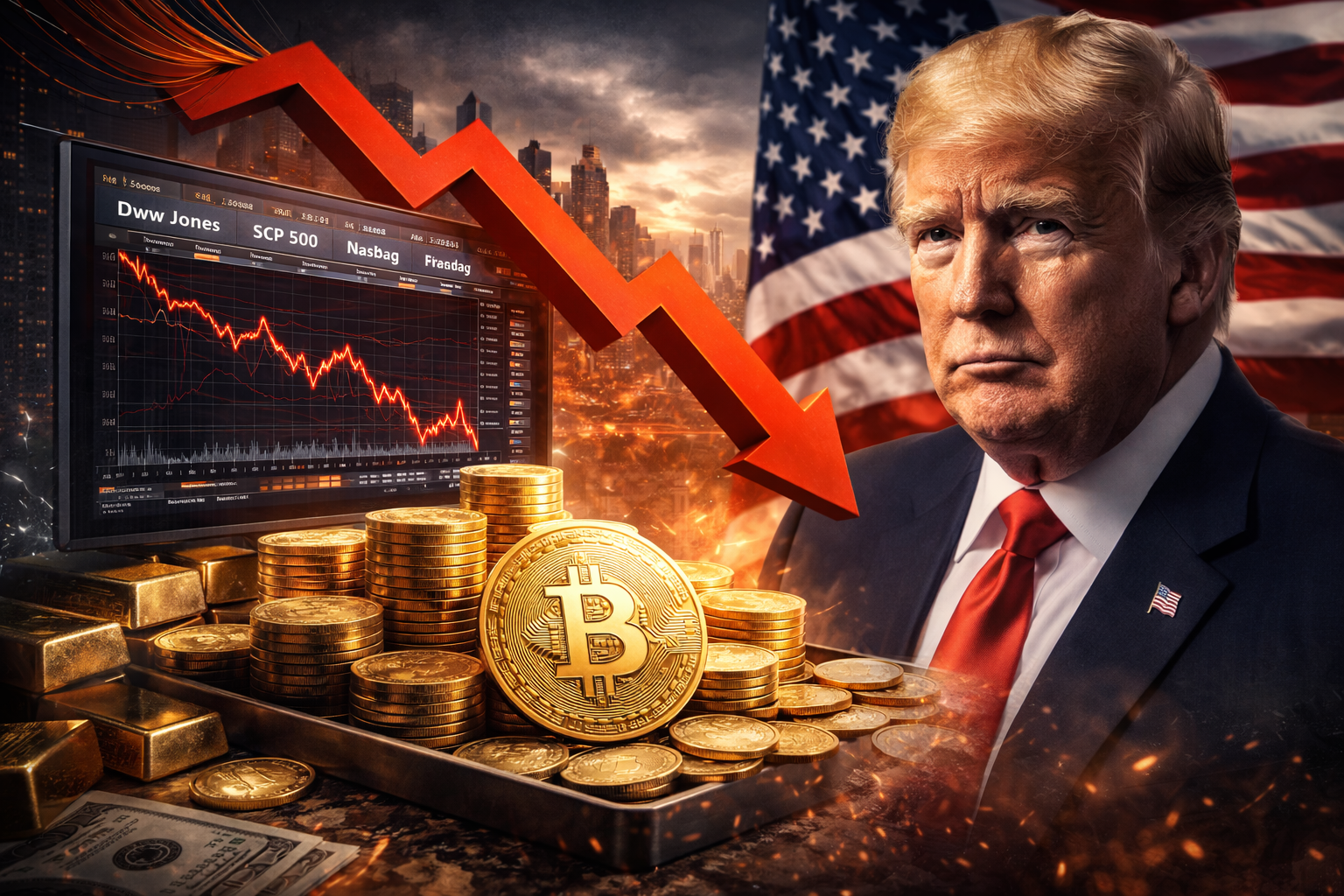 Photorealistic image showing a steep downward market move in front of a trading screen with falling futures-style charts, stacks of gold coins and bars in the foreground, and a U.S. political figure beside an American flag, conveying tariff-driven investor anxiety and a flight to safety.