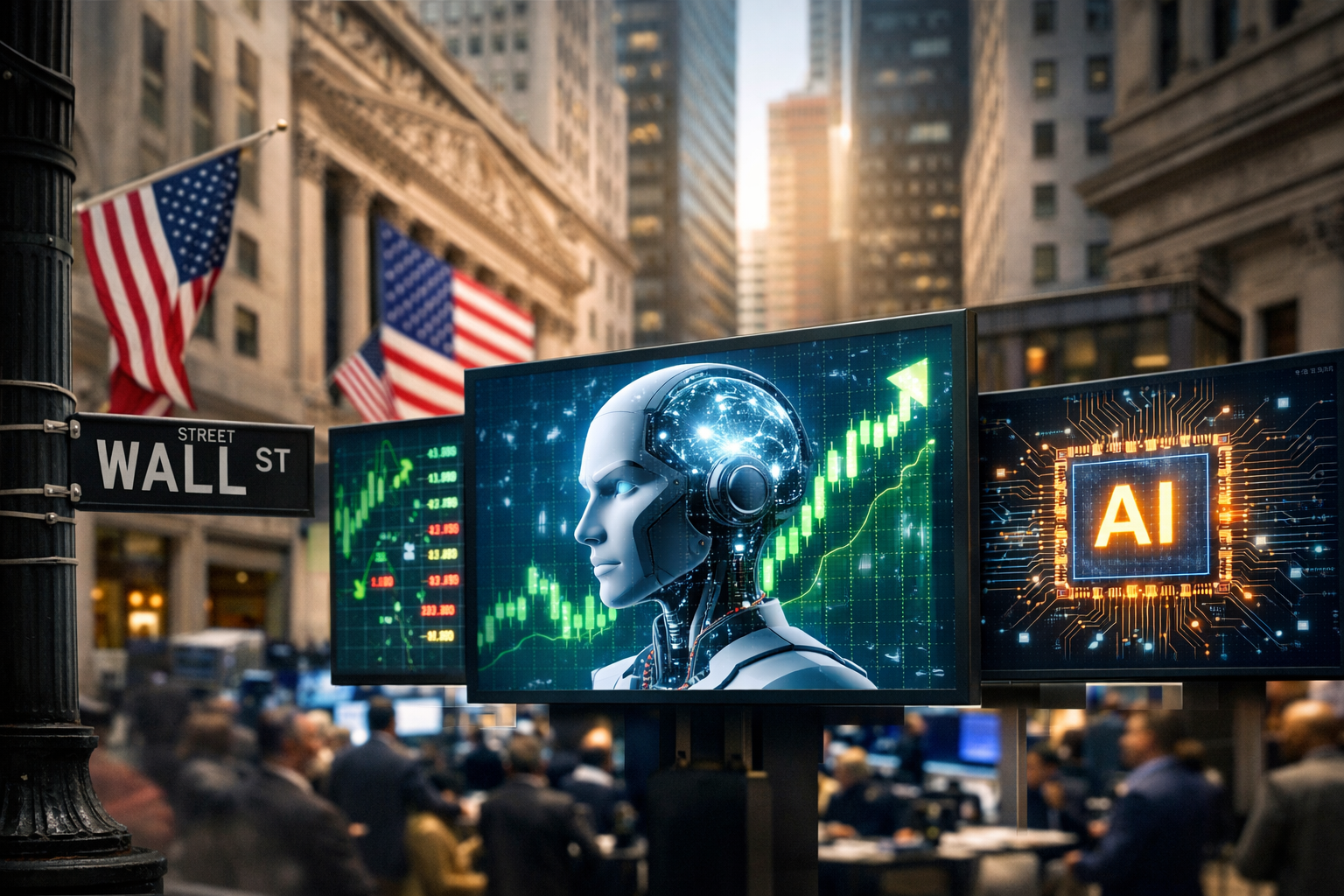 Photorealistic Wall Street scene showing digital market displays and symbolic artificial intelligence imagery against the New York financial district.