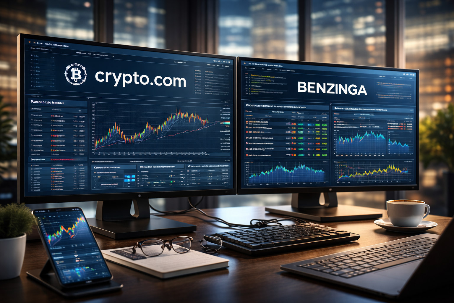 Photorealistic trading workstation with multiple screens displaying cryptocurrency and financial market data in a modern office setting.