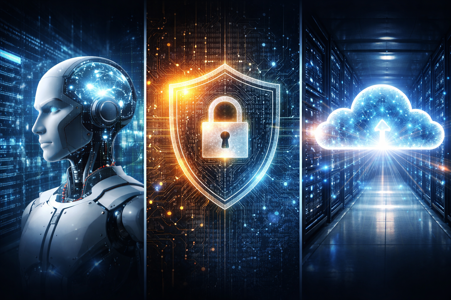 Photorealistic composite image showing artificial intelligence, cybersecurity protection, and cloud computing infrastructure in a futuristic technology setting.