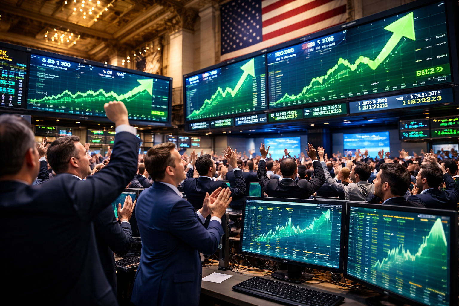 Photorealistic interior view of the New York Stock Exchange with traders on the floor and digital market screens showing upward market movement.