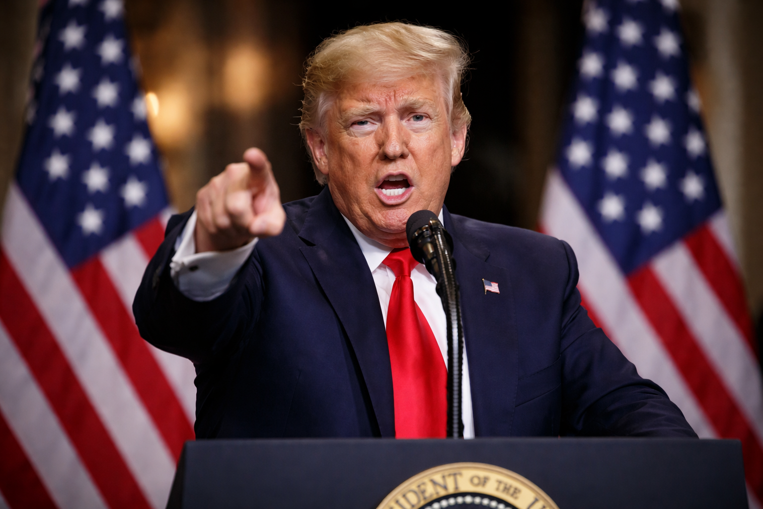 Photorealistic scene showing U.S. and Middle Eastern geopolitical symbolism with national flags, global maps, and a tense international atmosphere.