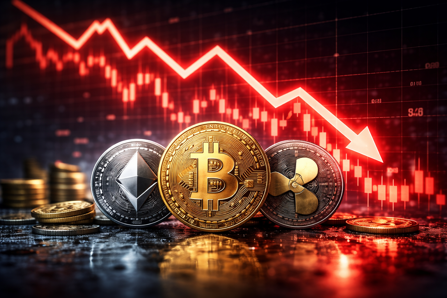 Photorealistic close-up of Bitcoin, Ethereum, and XRP coins on a dark reflective surface with a red downward-trending market chart and arrow in the background.