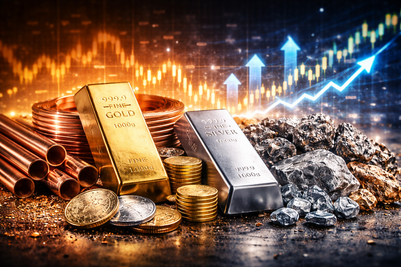 Gold and silver bars alongside copper tubing and raw ore on a reflective surface, with upward-trending market visuals in the background.