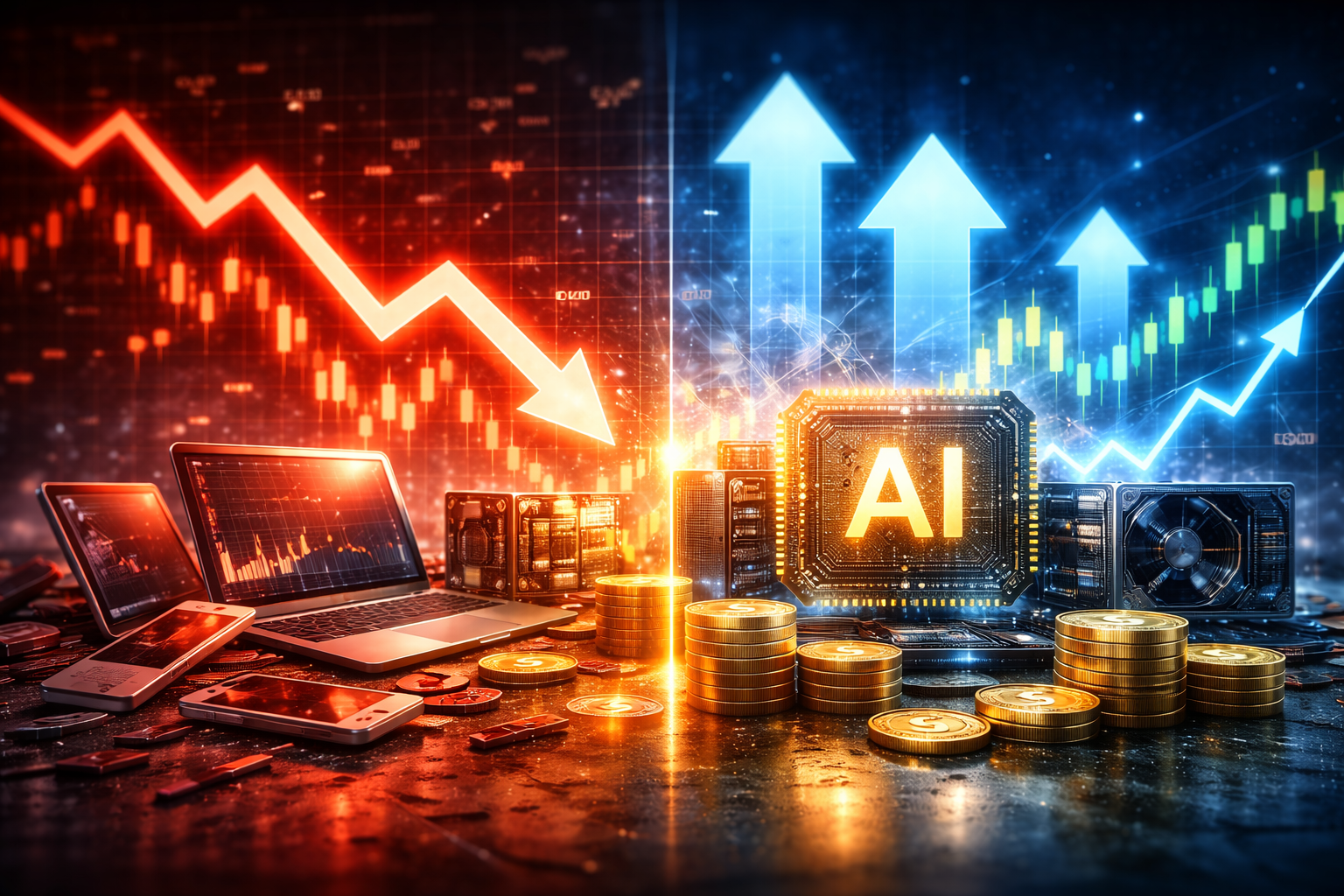 Photorealistic split market scene with a red downward-trending stock chart over consumer tech devices on one side and a blue upward-trending chart over an AI computing chip and data hardware on the other.