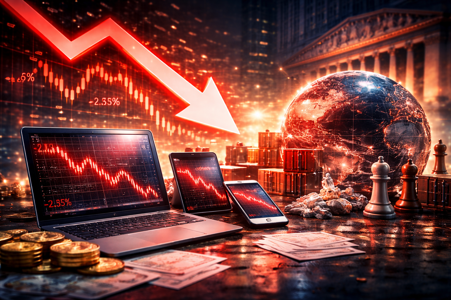 Multiple screens showing steep red market declines alongside a large downward arrow, a globe, shipping containers, and chess pieces, with the New York Stock Exchange blurred in the background.